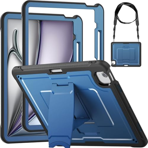 Miimall Funda para iPad Air 13 Pulgadas M3 2025/M2 2024, [Soporte para Stylus] [Shoulder Strap] Anticaída Antiarañazos Antipolvo Antideslizante Rugerizada Case wtih Stand para iPad Air 13, Azul