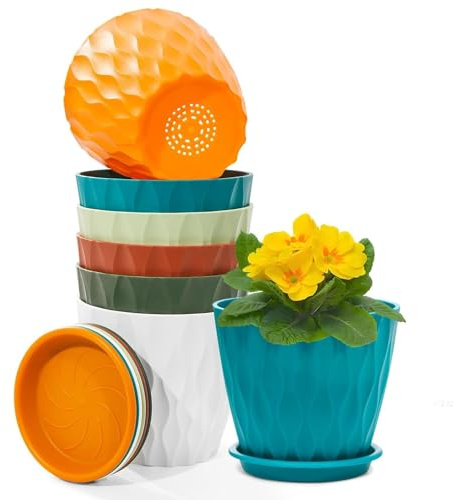 Omtofo 6 Piezas Macetas de Plástico para Plantas, 12.5CM Maceteros Tiestos para Plantas Interior con Orificio de Drenaje y Bandeja para Plantas Flores Hierbas Suculentas Cactus Macetas Pequeñas