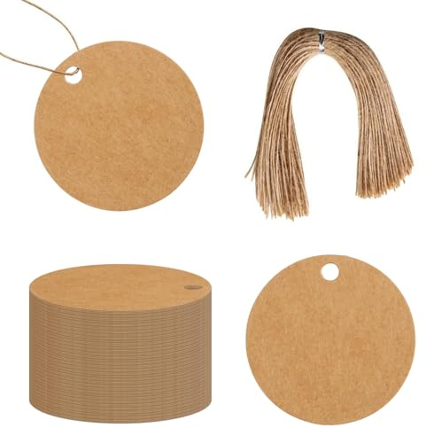 Xynovate 100 Geschenkanhänger Braun Weihnachten Kraftpapier 5x5 cm | Mit Juteschnur zum Beschriften, ideal für Weihnachtsgeschenke Verpackung DIY Basteln Dekoration(Rund–E）