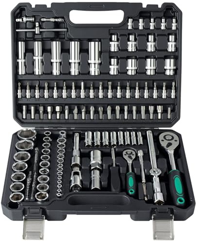 Ginour 138-Piece 1/4&1/2 Drive Socket Ratchet Set CR-V | Complete metric socket wrench set with quick-release ratchets,sockets,bits and extensions for car repair,bike maintenance,DIY
