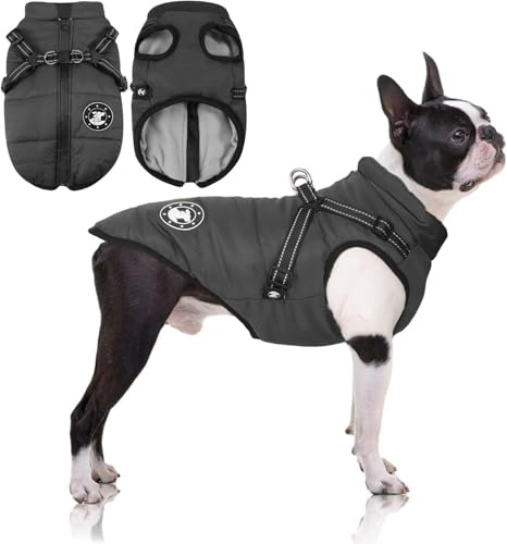 LUOWAN Hundemantel Wasserdicht, Hundemantel Französische Bulldogge, Warme Weste mit Hundegeschirr, Verschiedene Größen,Hundejacke für Kleine Hunde(XS,Schwarz)