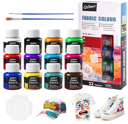 Trukafie Lot de peinture textile lavable en machine - 12 x 25 ml - Peinture pour tissu - Résistante au lavage - Pour t-shirts, jeans, vêtements, sacs et autres tissus