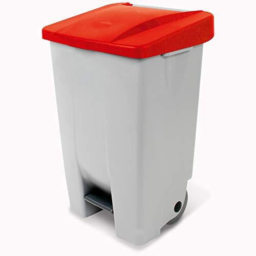 Poubelle à pédale avec roulettes, capacité 80 litres, HxLxP 740 x 490 x 420 mm, corps gris, couvercle rouge