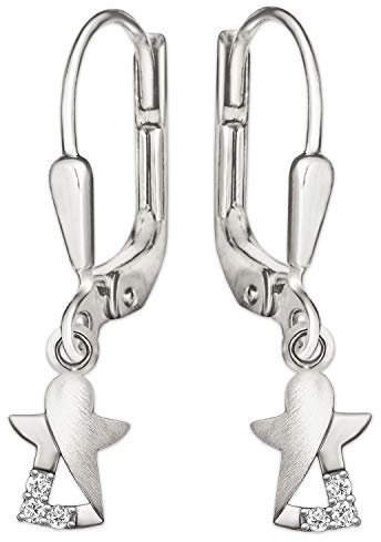 Clever Schmuck Silberne Damen Ohrringe als Ohrhänger 26 mm mit Mini Engel 7 x 6 innen offen, teils matt und glänzend mit 3 Zirkonia stilisiert schlicht STERLING SILBER 925
