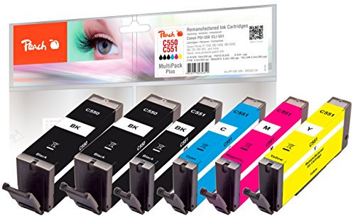 Peach C550/551/555 Spar Pack Plus Druckerpatronen (2xBK, PBK, C, M, Y) ersetzt Canon PGI-550*2, CLI-551 für z.B. Canon Pixma IP 7250, Canon Pixma MX 925, Canon Pixma IP 7200, Canon Pixma MG 7550