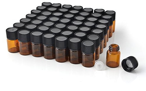 Enslz Mini Essential Oil Bottles Empty Sample bottle 1ml(1/4 dram) 2ml (5/8 dram) Amber Glass Bottle with Orifice Reducer and cap, With 2 Free Transfer Eye droppers 50 pcs (Brown, 2ml)