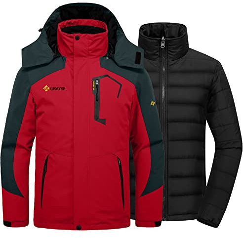 GEMYSE Herren 3-in-1 Skijacke Winter Wasserdicht Winddicht Isoliert Pufferjacke mit abnehmbarem Innenfutter(Orientalisch Rot,M)