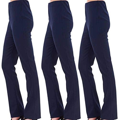 Ladies (Pack of 3) Stretch Bootleg Trousers Ribbed Women Bootcut Elasticated Waist Pants Work WEAR Pull ON Bottoms Plus Sizes 8-26 (UK 20/29 Regular Inside Leg, Navy+Navy+Navy)