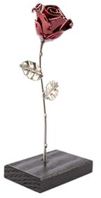Forging Art Bcn® wige Rose aus Schmiedeeisen mit Fußgestell - Handgeschmiedet - Geschenk zum Muttertag, Valentinstag, Hochzeitstag, Eiserne Hochzeit (Rot/Silber)