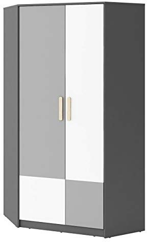 Mirjan24 Eckkleiderschrank Pok PO01, Drehtürenschrank, Eckschrank mit 10 Einlegeböden und 2 Kleiderstangen, Kleiderschrank (Graphit/Buche Ibsen/Hellgrau/Weiß)