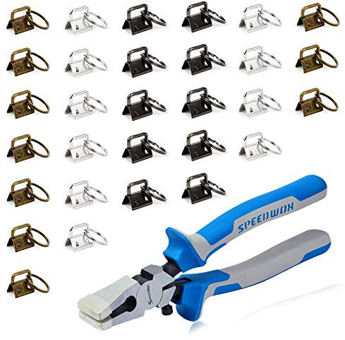 SPEEDWOX Schlüsselanhängerzange für 30 Sets 0,8 Zoll Schlüsselanhänger Hardware mit Spaltringen Pistole schwarz/antik messing/weiß Nickel Gurtband mit Gummispitzen