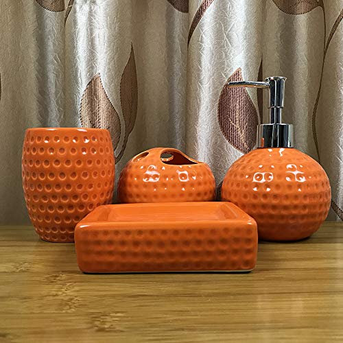 BYEON 4 Stück Keramik Voll Bad Zubehör-Set - Zahnbürstenhalter, Tumbler, Seifenschale, Pumpspender,Orange