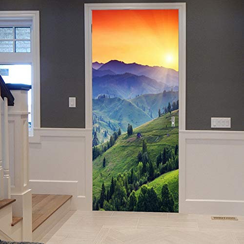 A.Monamour Sticker Porte Autocollant Poster de Porte 3D Majestueux Coucher De Soleil Montagnes Forêt Verte Arbres Nature Paysage Vinyle Affiche de Porte Sticker Mural Papier Peint Art Décor 83 x 204cm