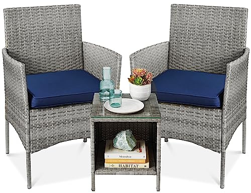 Best Choice Products 3-Piece Outdoor Wicker Conversation Bistro Set, Space Saving Patio Furniture for Garden w/Side Table - Gray/Navy