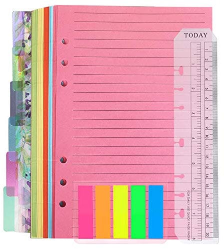 QincLing A5 nachfüllbares Notizpapier-Set, 1 Packung, 50 Blatt, 6 Löcher, A5-Nachfüllpapier, liniert, 6 farbige PVC-Bindeblätter, Trennblätter, 125 Stück Registerregister mit Lineal für Journal-Notizb