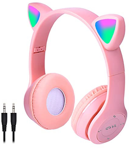 Pink Headphones for Kids, Megedream Cat Ear Led Light Up Kids Headphones Wiressless, 3.5mm Jack Wired, TF Card 3 in 1 Headset for Kids/School/iPad/Kids Tablet/Travel - Foldable Over