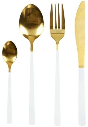 HOME DECO FACTORY, KA5989, Ménagère dorée et Blanche 16 pièces en INOX, Design élégant et Durable, idéale pour Toutes Occasions, Facile à Ranger, Parfaite pour Votre Table, Doré et Blanc