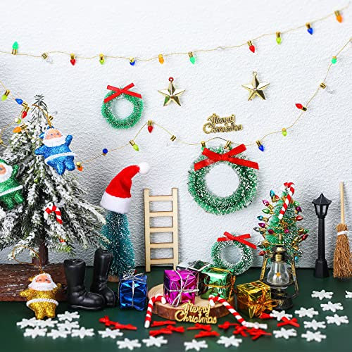 39 Pcs Christmas Doll House Decoration Christmas Dollhouse Kit Includes Mini Wreath Fake String Light Mini Pine Tree Gift Boxes Santa Miniature Scene Model for Christmas DIY Home Garden Ornament