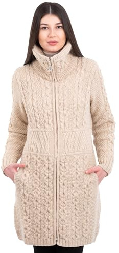 SAOL Irische Strickjacke für Damen mit Taschen aus 100% Merinowolle Irland Langmantel