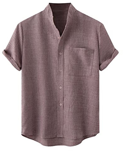 Oanviso Uomo Camicie a Maniche Corte Estate Casual Camicia Colore Solido Cotone e Lino Camicie con Colletto Rialzato Confortevole T-Shirts Camicia con Tasche Primavera Maglietta A Fucsia XL