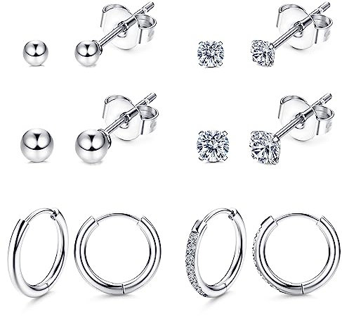 Morfetto G23 Titan Ohrringe Set für mehrere Piercing Hypoallergene Kleine Creolen 2mm 3mm CZ Kugelohrstecker und Creolen Set für Damen Silber