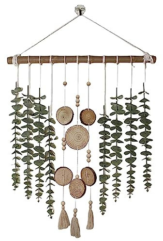 Finsink Makramee Boho Wandbehang, Wanddeko Wandteppich mit Holzperlen und simulierte Eukalyptusblätter, Makramee Wandbehang für Wohnzimmer Schlafzimmer und Studio