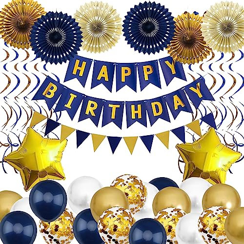 Happy Birthday Party Decoration Set,Navy Blue Gold Happy Birthday Banner Hanging Paper Fan for Boy Men Party Decoration Supplies