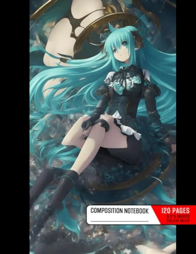 Composition Notebook College Ruled: 1 Girl Masterpiece, Best Quality with Tarot Style Background, Hatsune Miku, Twintails, Full Body, Falling Asleep, ... Black Leather Shoes, Solo, Size 8.5x11 Inches