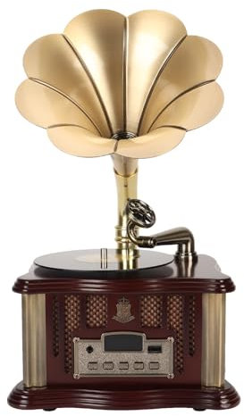 Bluetooth-Lautsprecher in Grammophonform, Retro-Plattenspieler-Phonograph-Lautsprecher, Unterstützt Bluetooth 5.0, USB, UKW-Radio, mit Zink-Ally-Horn (Kaffee)