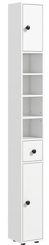 kleankin Columna de Baño Estrecha, Armario Alto de Baño, con 1 Cajón, 5 Estantes Ajustables, 2 Puertas, 20x20x180 cm, Blanco
