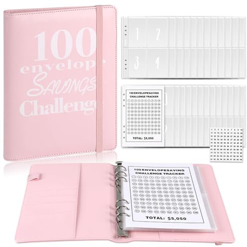 Budget Planer, PU Lederetui Budget Binder, 100 Tage Spar Challenge, Einfache und unterhaltsame Möglichkeit 5,050 € zu sparen, Haushaltsbuch Mit Geldfächern Für Sinking Funds Sparbuch (Rosa)