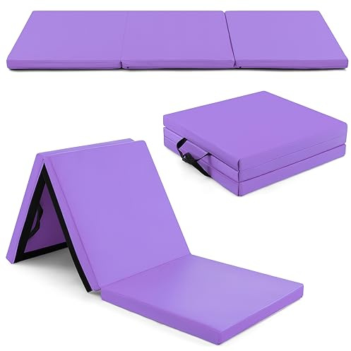GYMAX Tapis de Gymnastique Épais Pliable 180x60x5cm, Combinaisonable avec Attache Auto-Agrippante, Housse en Simili Cuir, Portable avec Poignées de Transport, pour Yoga, Fitness, Étirement