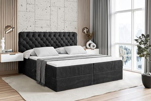 ALTDECOR Boxspringbett mit Matratze und Lattenrost, Boxbett, Topper, Polsterbett mit Bettkasten, Bett mit Stauraum H3-Matratze, Doppelbett, Springboxbett - BOXI8-200x200 - Schwarz Samt