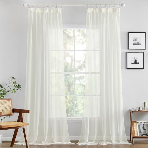 MIULEE Gardinen Vorhänge mit Kräuselband Vorhang Transparente Gardine aus Einfarbig Transparent Sheer Voile Wohnzimmer Luftig Dekoschal für Schlafzimmer 2er Set 245 x 140cm (H x B) Elfenbein