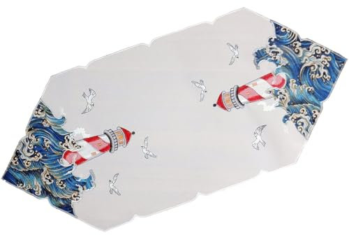 Maritimer Tischläufer Leuchtturm bestickt weiß bunt Polyester als Tischdeko - Tischdecke Ornamente YVONNE 40 x 90 cm rechteckig - Waschbare Kunststoff Tisch Läufer Esstisch Deko Party Geburtstag