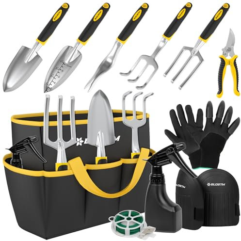 BLOSTM Juego de Herramientas Jardineria - Kit Jardineria de 11 Piezas, Kit de Jardinería Adultos Resistentes con Bolsa de Transporte Impermeable, Mangos Ergonómicos Juego de Regalos Jardineria