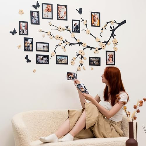 Family Tree Picture Frames Collage Wall Decor - Tree of Life Picture Frame Wood Family Tree Photo Collage - Picture Wall Family Tree Wall Decal 3D Photo Tree (Butterflies)