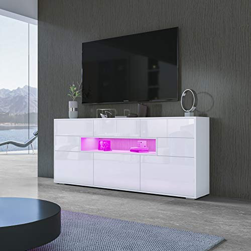 LED Sideboard Storage Cabinet, Black Gloss TV Unit for Living Room, 3 Doors and 5 Drawers, Home Furniture (White)
