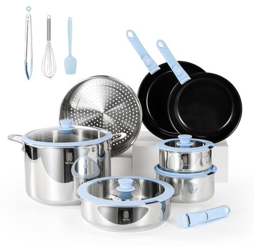 ROYDX Edelstahl Kochtopf Set und Beschichtet Pfannenset mit Abnehmbarem Griff, Suppentopf, Schmorpfanne und Dämpfeinsatz, Stapelbar Kochtopfset für Induktion, Platzsparend Spülmaschinenfest Ofenfest