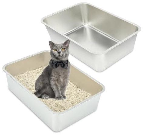 RANYPET Große Katzentoilette Edelstahl 2 Stück, Edelstahl Katzenklo für Großes Häschen und Große Katze, Katzenklo offen, Leicht zu Reinigen Niemals Gerüche, Fleckfrei, Rostfrei, Robuste(60*40*20cm)