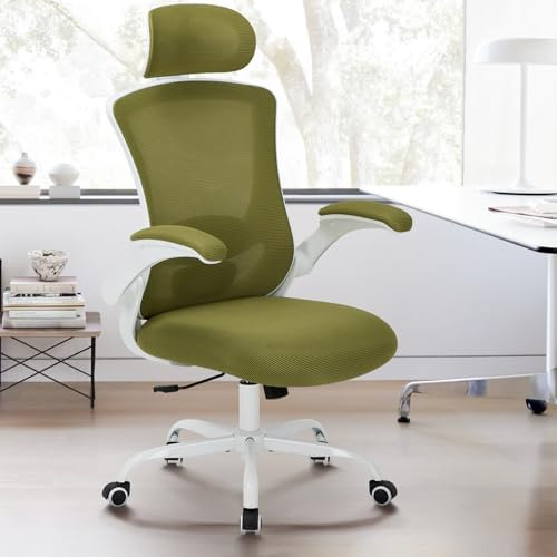 COLAMY Office Chair Mesh Computer Chair with Adjustable Headrest and Lumbar Support Ergonomic Desk Chair with Flip-up Armrest, 140° Rocking for Home Office Study, Green