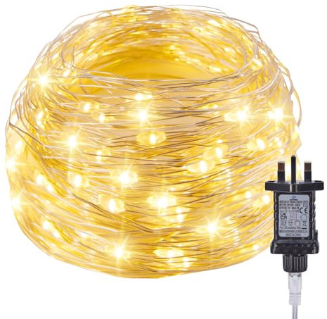Fairy Lights Plug in, 33Ft 100 LEDs Waterproof Silver Wire Firefly Lights, Adaptor Included, Starry String Lights for Wedding Indoor Outdoor Christmas Patio Garden Decoration, Warm White