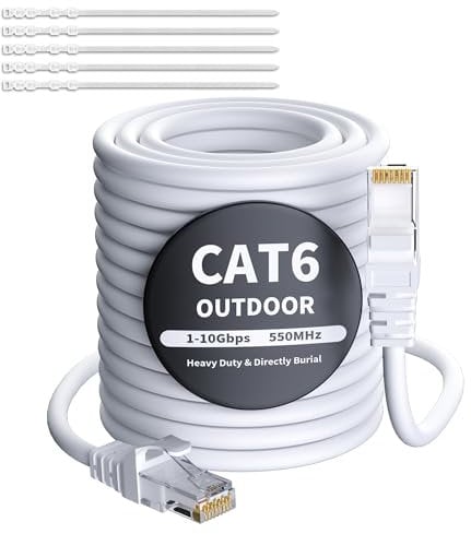 Mygatti Cable Ethernet CAT 6 de 60 metros - blanco,para uso en exteriores,resistente al agua,1.0 Gigabit,UTP, CCA,cable de conexión LAN RJ45 para cámara POE, router, módem, switch + 25 bridas