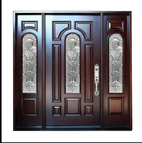 S.E.Q quick.simple.easy Porta d'ingresso in legno massello con vetro ad arco e pannelli laterali, design moderno, colore marrone scuro, 91,4 x 203,2 cm, a battente a destra, preappesa, prefinita