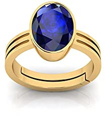 JAGDAMBA GEMS Gemstone Ratna Blue Sapphire Neelam Gemstone Gold Plated Ring for Women and Men (5.25 ratti to 4.00 carat) by Lab Certified, Natural Blue Sapphire Neelam Gemstone Ring, Blue Sapphire,