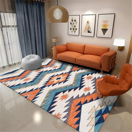 AITROMNI Washable Carpet Teppich Klein Rund Kinderzimmerteppich orange blau geometrisches Muster Dekoration Antifouling und verschleißfest Teppich Bettvorleger 120X200CM