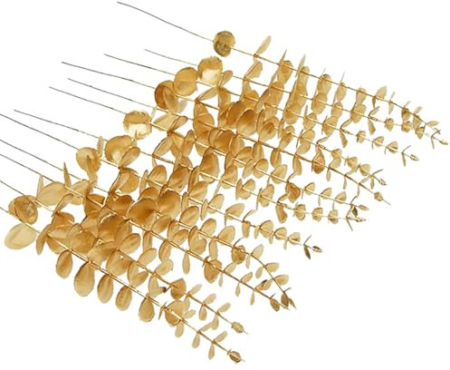 RHQFDM 24 Stücke Künstlichen Eukalyptuszweige 38cm Gold Eukalyptus Deko Plastikpflanzen Die Wie Echte Pflanzen Aussehen Künstliche Zweige Blätter Deko für Hochzeiten,Gärten,Bürodekorationen