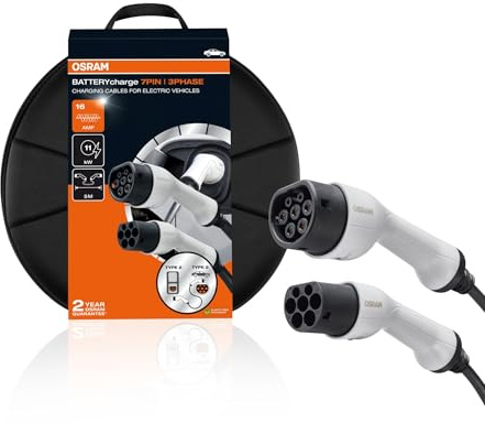 OSRAM BATTERYcharge 7PIN | 3PHASE | 16 AMP, Ladekabel für Elektro- und Plug-in-Hybridfahrzeuge, Typ 2 auf Typ 2, 11kWh, 5m Kabellänge