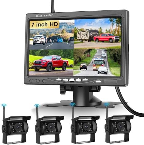 Podofo 4*Rückfahrkamera Kabellos mit Monitor 7 Zoll IP68 Nachtsicht Weitwinkel,AHD IPS Monitor Rückfahrkameras Funk für Auto Wohnmobil/Wohnwagen/LKW,4-geteilter Bildschirm,BSD