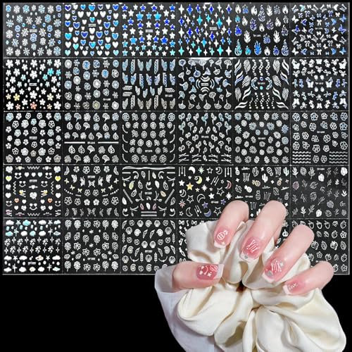 WD&CD 3D Nagelsticker Aurora 30 Blatt Silber Nail Art Sticker Selbstklebend Nagelaufkleber Holografisches Stern Herz Dekoration Nageldesign Zubehör